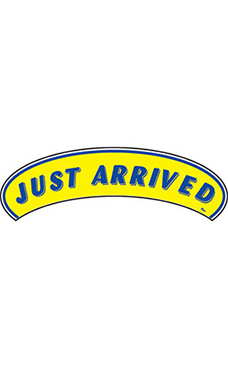 Arch Windshield Slogan Sticker - Blue/Yellow - "Just Arrived" Arch Windshield Slogan Sticker - Blue/Yellow - "Just Arrived"