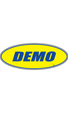Oval Windshield Slogan Sticker - Blue/Yellow - "Demo"