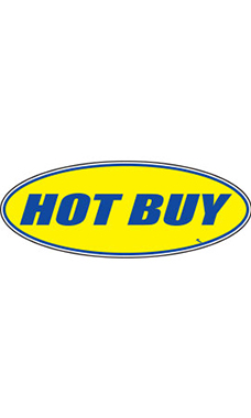 Oval Windshield Slogan Sticker - Blue/Yellow - "Hot Buy" Oval Windshield Slogan Sticker - Blue/Yellow - "Hot Buy"