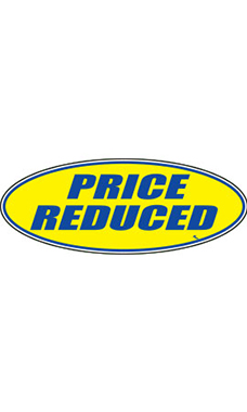 Oval Windshield Slogan Sticker - Blue/Yellow - "Price Reduced" Oval Windshield Slogan Sticker - Blue/Yellow - "Price Reduced"