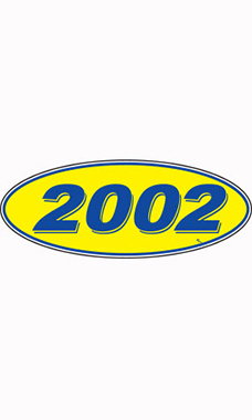 Oval Windshield Year Stickers - Blue/Yellow - "2002"