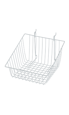 12 x 12 x 8 inch White Mini Grid Basket with 4 inch Slanted Front Lip for Slatwall & Wire Grid 12 x 12 x 8 inch White Mini Grid Basket with 4 inch Slanted Front Lip for Slatwall & Wire Grid