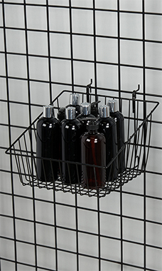 12 x 12 x 8 inch Black Mini Grid Basket with 4 inch Slanted Front Lip for Slatwall & Wire Grid