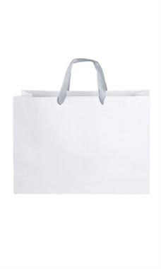 Large White Premium Folded Top Paper Bags Silver Ribbon Handles