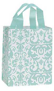 Medium Aqua Damask Frosted Plastic Shopping Bag Medium Aqua Damask Frosted Plastic Shopping Bag