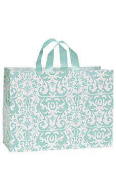 Large Aqua Damask Frosted Plastic Shopping Bag Large Aqua Damask Frosted Plastic Shopping Bag