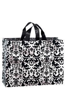 Large Black Damask Frosted Plastic Shopping Bag Large Black Damask Frosted Plastic Shopping Bag