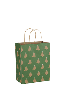 Medium - Green Christmas Tree Paper Shopping Bags - Case of 100