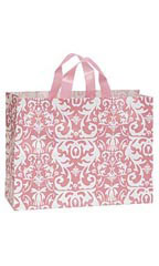 Large Pink Damask Frosted Plastic Shopping Bags - Case of 100